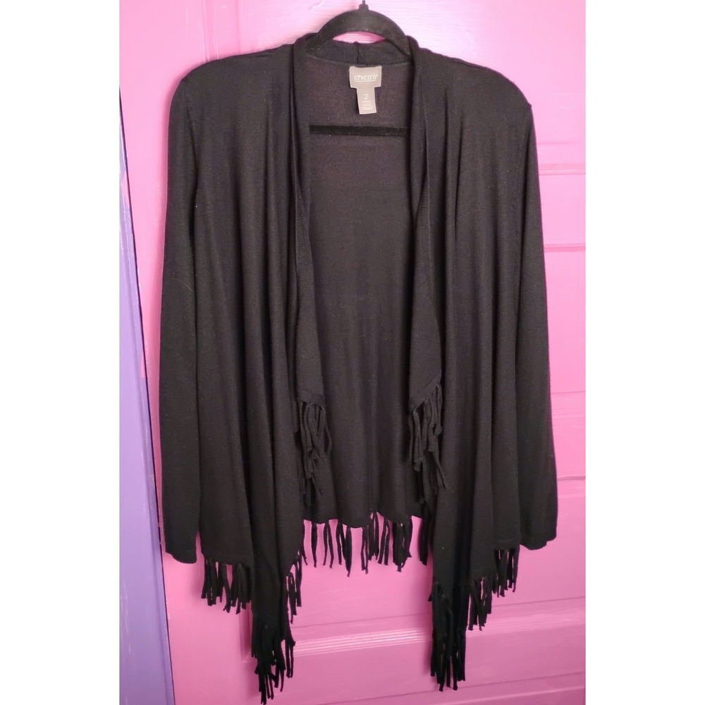 Chico's Fringe Waterfall Cashmere Blend Open Cardigan Sweater Boho Western Large